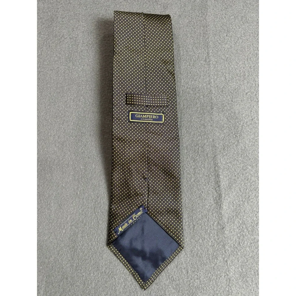 Giampiero Cravette Italian 100% Silk Tie Micro Dot Mens Navy Yellow 57
